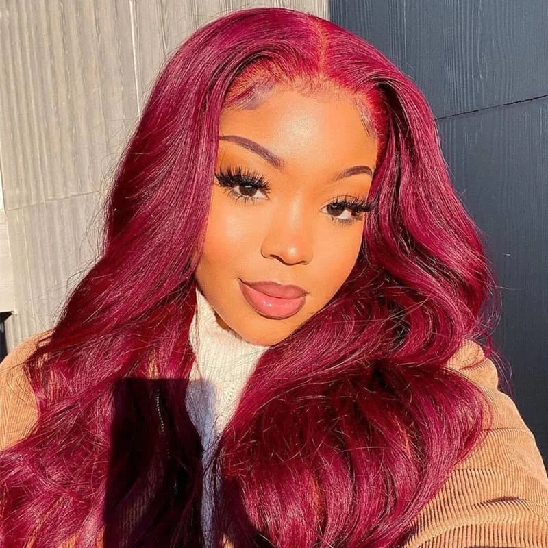 Human - hair colored wig for a natural and luxurious feelNatural Look Burgundy Color Straight Lace Frontal Wig