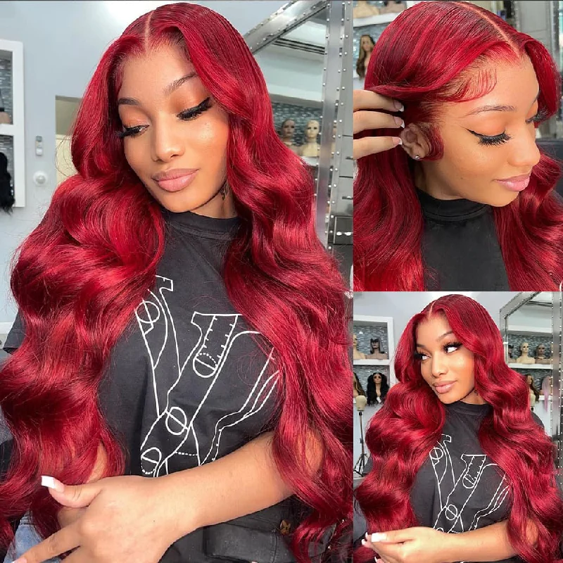 Colored wig with a pre - plucked hairline for a more natural lookNew Arrival! Dark Red 13x4 Lace Front Wig Body Wave Color Wigs