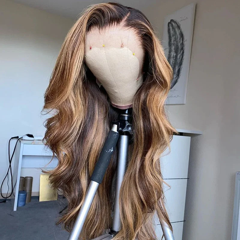 Human - hair colored wig for a natural and luxurious feelOmbre Brown With Blonde Highlights Color 13x6 Lace Front Wigs Glueless Wig