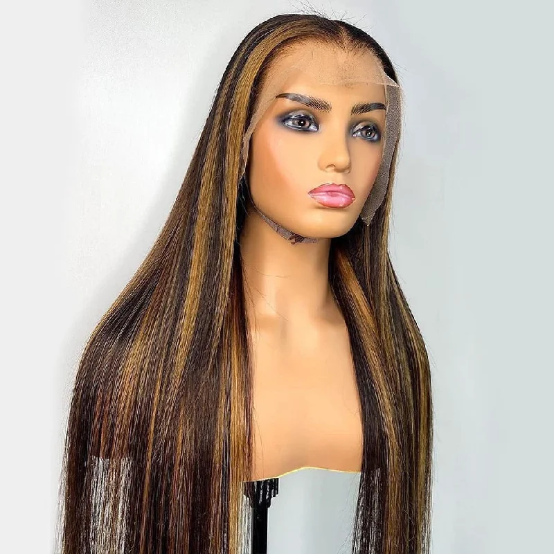 Colored wig with a silk - base cap for a comfortable and smooth feelOmbre Brown With Highlights 13x6 Lace Front Wig Straight Hair