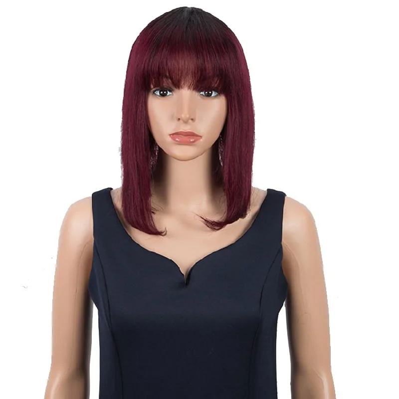 Colored wig in a vibrant pink color for a bold and eye - catching lookRebecca Fashion Ombre Burgundy Wigs 10 Inch Human Hair 1B/99J Wig With Bangs