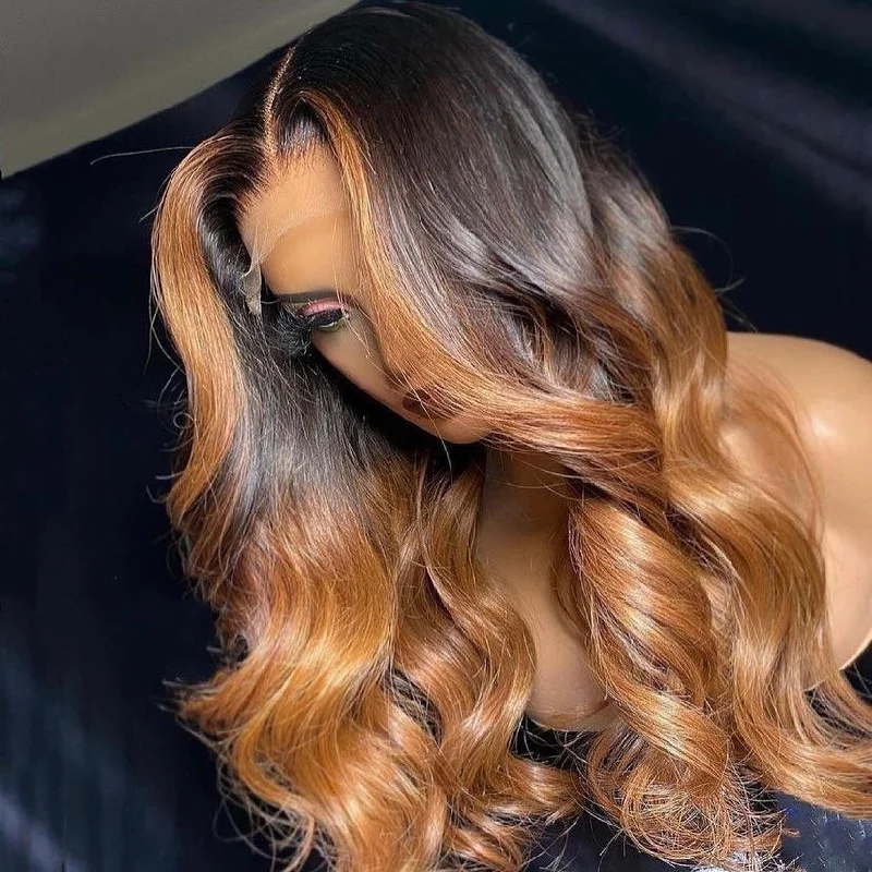 Colored wig with a middle - part for a classic and elegant styleOmbre Highlight Brown Lace Frontal Wig Body Wave Small Knots