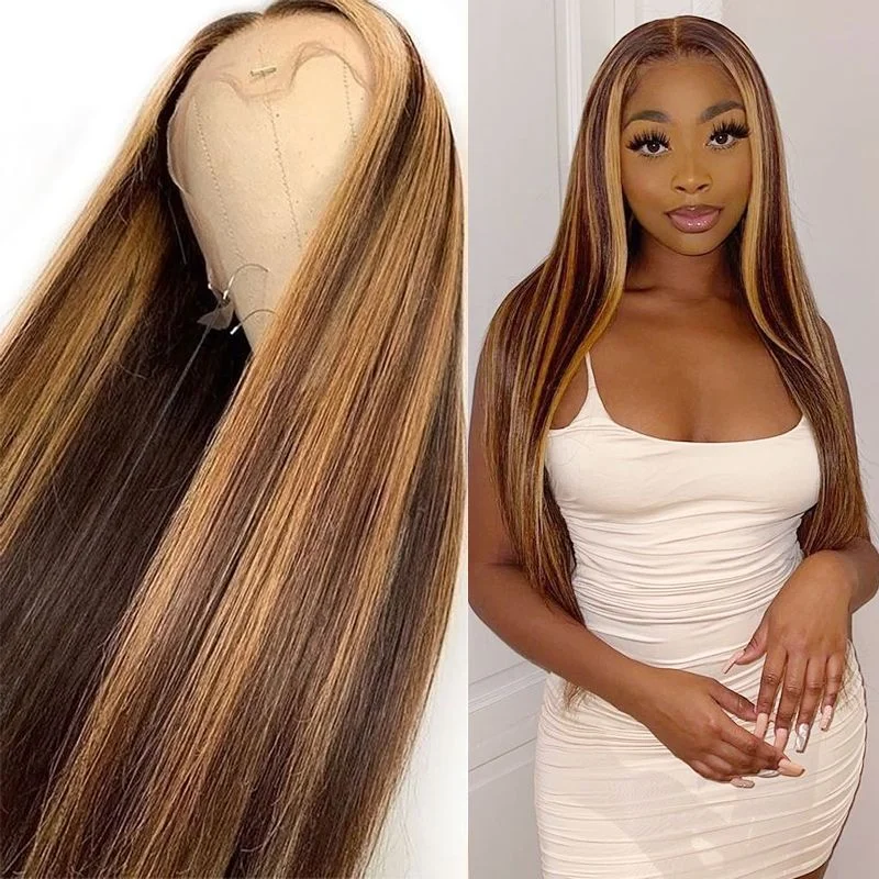 Colored wig with a natural - looking root for a more realistic lookOmbre Highlight Brown Lace Frontal Wig Straight Middle Parted