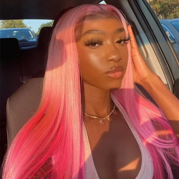 Colored wig with a red - orange hue for a warm and energetic lookOmbre Pink Straight Human Hair Lace Front Wigs Preplucked with Natural Hairline