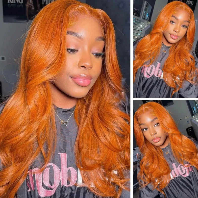 Colored wig with a pre - plucked hairline for a more natural lookOrange Brown Color 4x4 Lace Closure Wig Body Wave