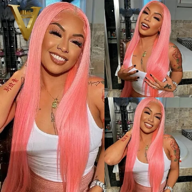 Colored wig with a middle - part for a classic and elegant stylePink Color 13x4 Straight Glueless Lace Frontal Wig