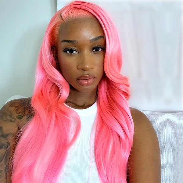 Colored wig with a pre - plucked hairline for a more natural lookSalmon Pink Color 13*4 Lace Front Wig Human Hair Color Wig