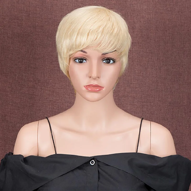 Colored wig with a side - part for a more flattering appearanceRebecca Fashion Pixie Cut Blonde Wig Human Hair Short Straight Wigs