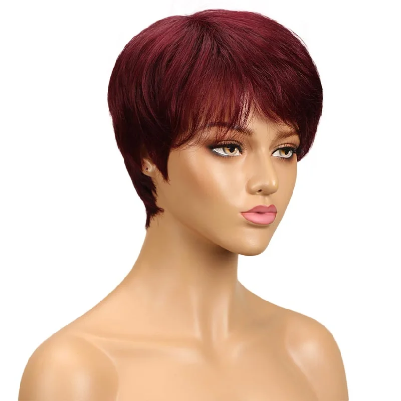 Colored wig with a pre - bleached knot for a natural - looking scalpRebecca Fashion Pixie Cut Wigs With Bangs Red Color Short Straight Human Hair Basic Cap Wig