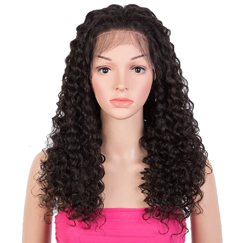 Colored wig with a 150 - density for a full and thick appearanceRebecca Fashion 13x4 Lace Frontal Wigs Deep Wave Human Hair 150% Density Natural Black Color