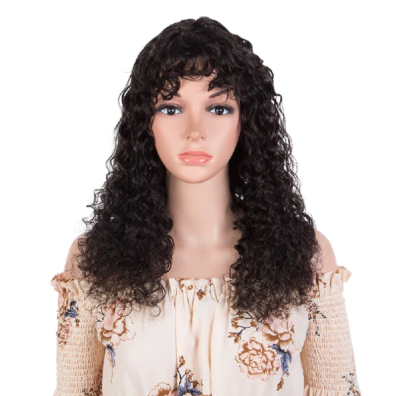 Colored wig with a straight texture for a sleek and minimalist lookRebecca Fashion Deep Wave Human Hair Wigs with Bangs Remy Human Hair Wig with Curly Bangs for Black Women Natural Black color