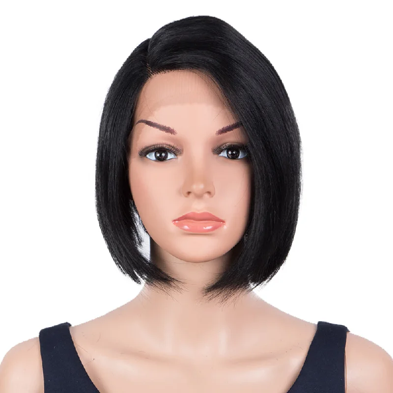 Colored wig with a curly texture for a bold and stylish choiceRebecca Fashion Human Hair Bob Wigs Side Lace Part Straight Bob Wigs for Women Black Color