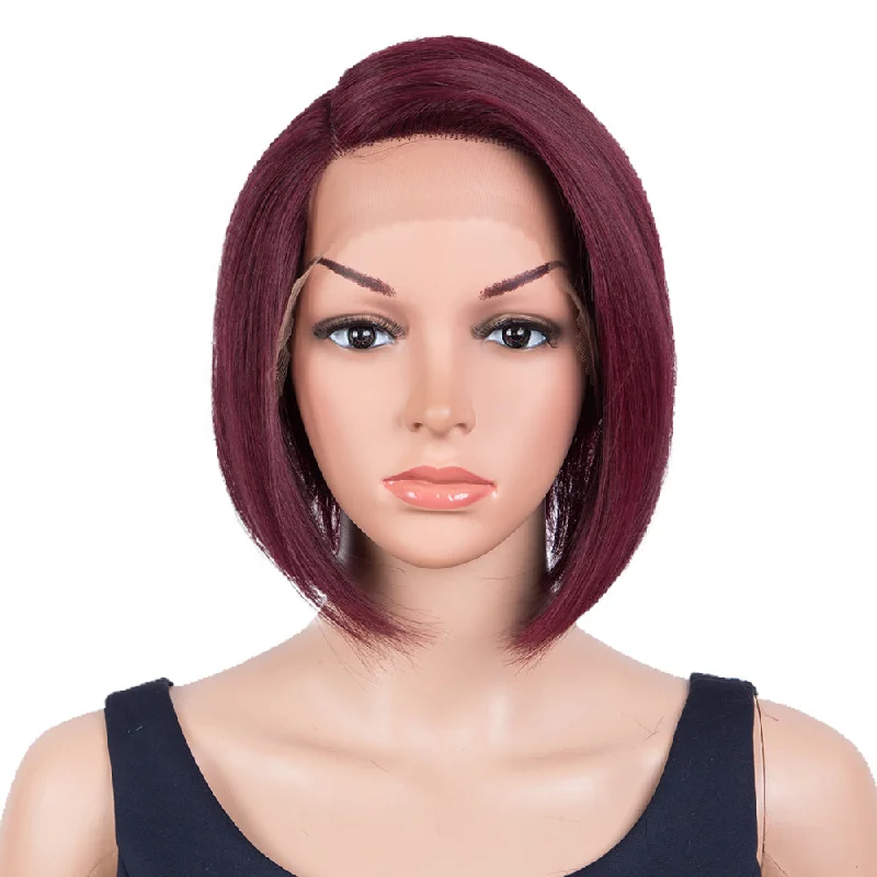 Colored wig with a pre - plucked hairline for a more natural lookRebecca Fashion Human Hair Bob Wigs Side Lace Part Straight Bob Wigs for Women Burgundy Red Color