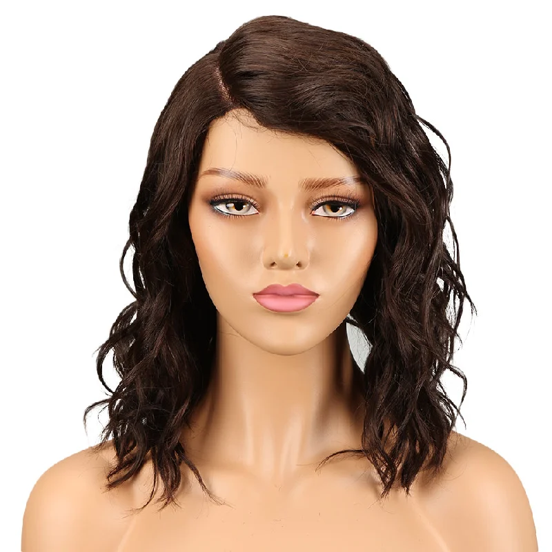 Colored wig with a side - part for a more flattering appearanceRebecca Fashion Human Hair Lace Front Wigs 4.5 inch Side LacePart Wigs 14 inch Water Wavy Wig for Black Women Brown Color