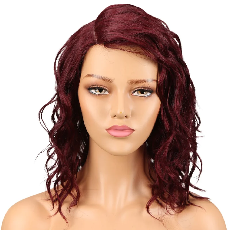 Colored wig with a purple - violet shade for a regal and elegant lookRebecca Fashion Human Hair Lace Front Wigs 4.5 inch Side LacePart Wigs 14 inch Water Wavy Wig for Black Women Burgundy Red Color