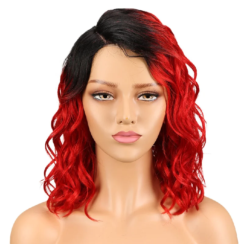 Human - hair colored wig for a natural and luxurious feelRebecca Fashion Human Hair Lace Front Wigs 4.5 inch Side LacePart Wigs 14 inch Water Wavy Wig for Black Women Ombre Red Color