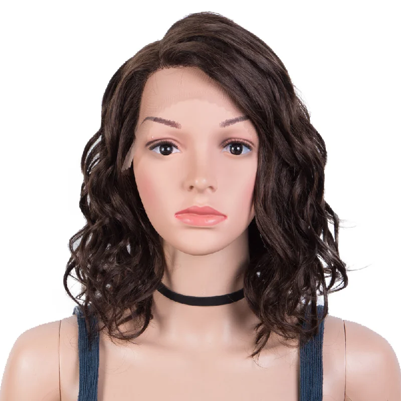 Colored wig with a pre - bleached knot for a natural - looking scalpRebecca Fashion Human Hair Lace Front Wigs 5 inch Side Lace Part Wigs 12 inch Water Wavy Wig  Brown Color