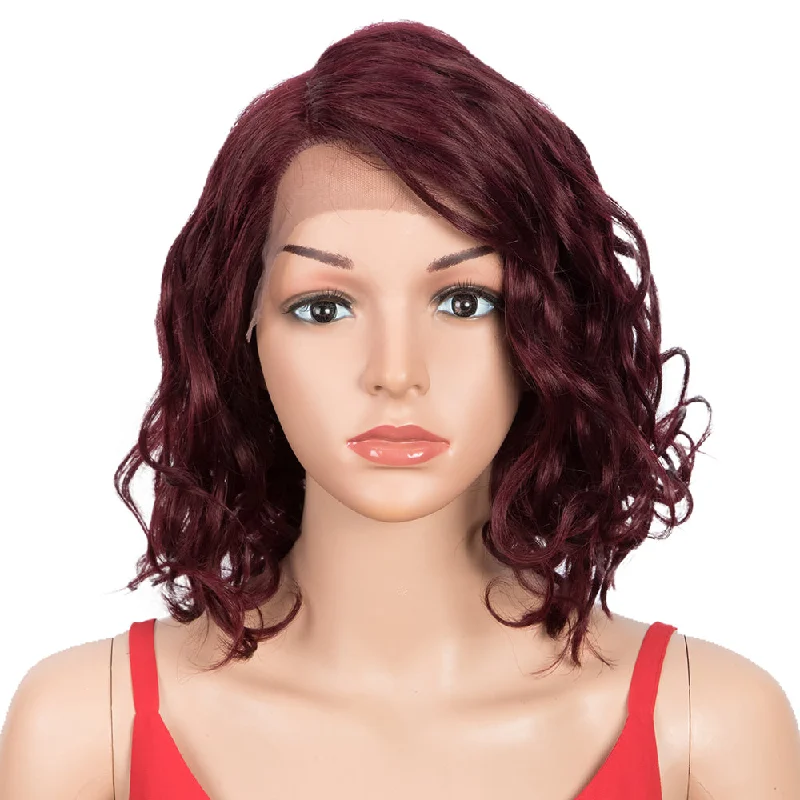 Colored wig with a silk - base cap for a comfortable and smooth feelRebecca Fashion Human Hair Lace Front Wigs 5 inch Side Lace Part Wigs 12 inch Water Wavy Wig  Red Color