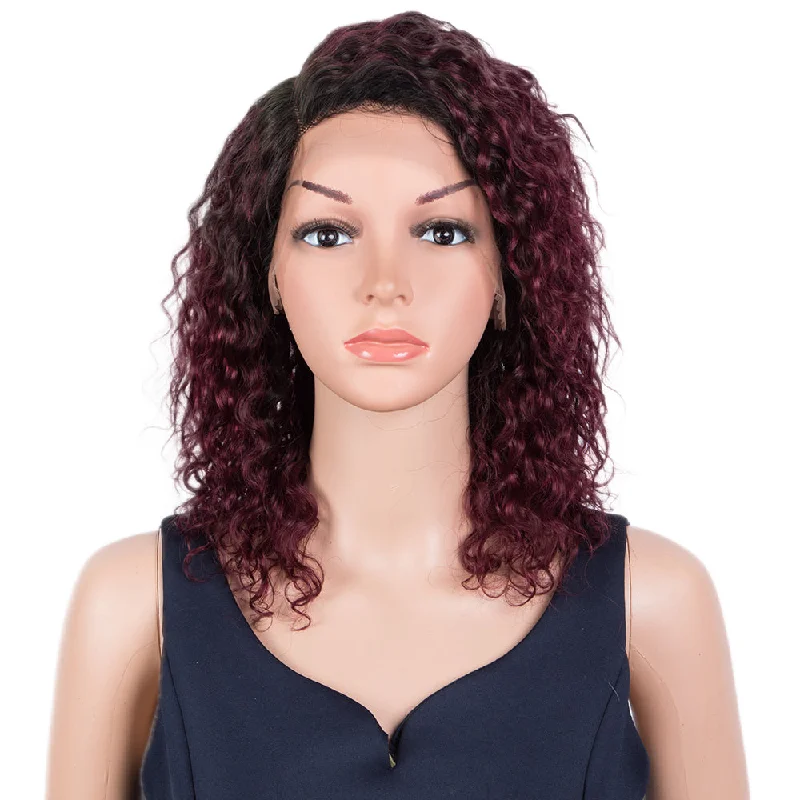 Colored wig with a red - orange hue for a warm and energetic lookRebecca Fashion Human Hair Lace Front Wigs 5 inch Side Lace Part Wigs 14 inch Curly Wavy Wig for Black Women Ombre Burgundy Red Color