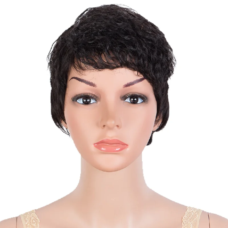 Colored wig with a silk - base cap for a comfortable and smooth feelRebecca Fashion Human Hair Wigs Pixie Cut Wigs 9 Inch Short Curly Wig Black Color