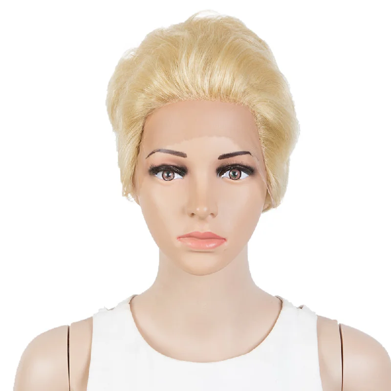 Colored wig with a red - orange hue for a warm and energetic lookRebecca Fashion Human Hair Pixie Cut Wigs  Pixie Bob Wig with Hand-tied Hairline Blonde Color