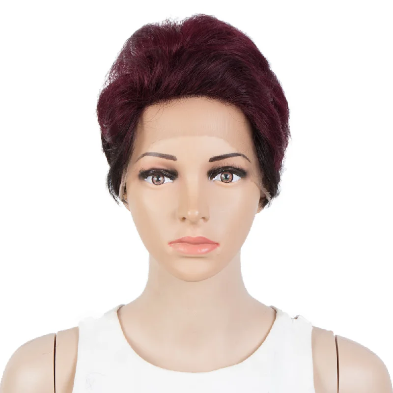 Colored wig with a blue - green ombre effect for a unique and trendy appearanceRebecca Fashion Human Hair Pixie Cut Wigs  Pixie Bob Wig with Hand-tied Hairline Dark Wine Red Color