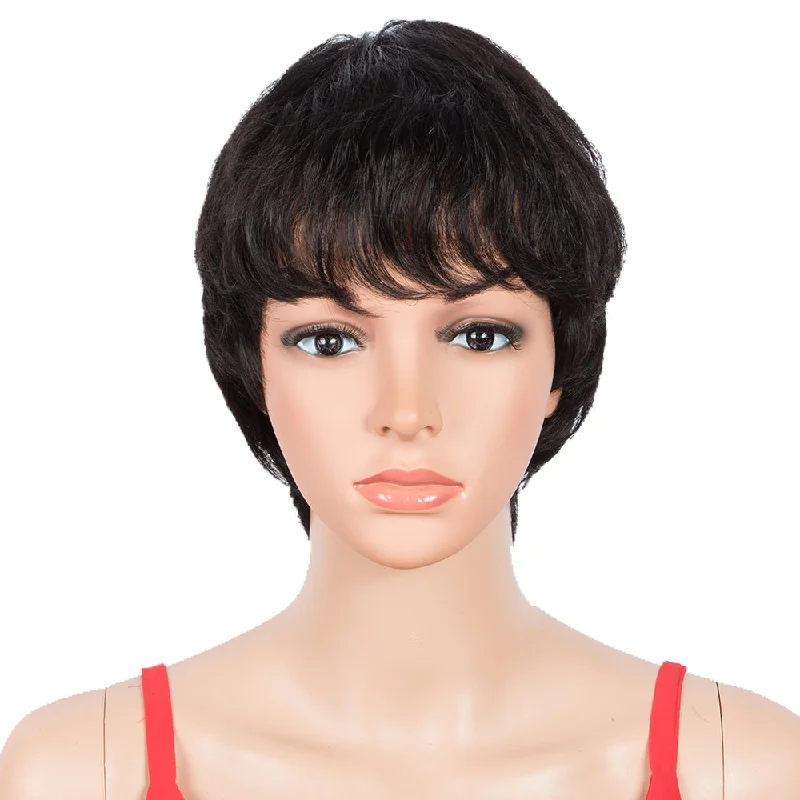 Adjustable - cap colored wig for a comfortable fitRebecca Fashion Human Hair Wigs 9 Inch Short Curly Pixie Wig With Bangs