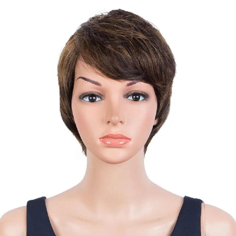 Colored wig with a 150 - density for a full and thick appearanceRebecca Fashion Human Hair Wigs 9 Inch Short Curly Pixie Wigs With Bangs 3 Colors