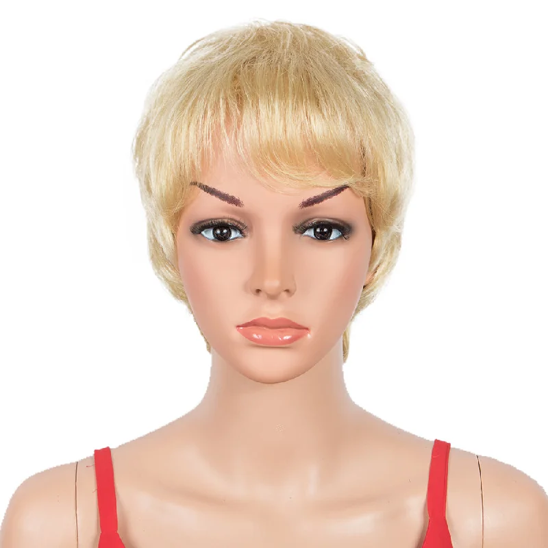 Colored wig with a wispy fringe for a soft and feminine lookRebecca Fashion Human Hair Wigs 9 Inch Short Curly Pixie Wigs With Bangs Blonde Color