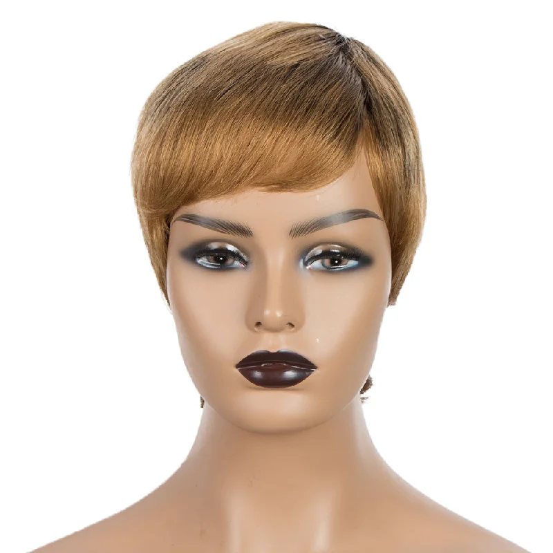 Colored wig with a wispy fringe for a soft and feminine lookRebecca Fashion Human Hair Wigs For Women 9 Inch Short Curly Pixie Cut Wigs Brown Color