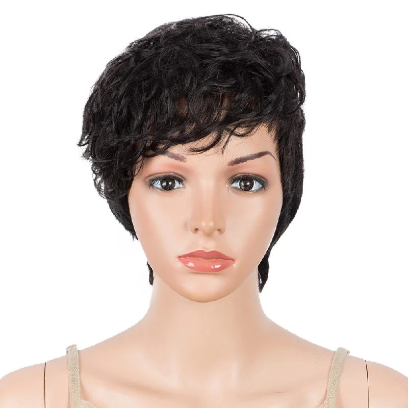 Colored wig with a purple - violet shade for a regal and elegant lookRebecca Fashion Human Hair Wigs For Women Pixie Cut Wigs 9 Inch Curly Wig Black Color