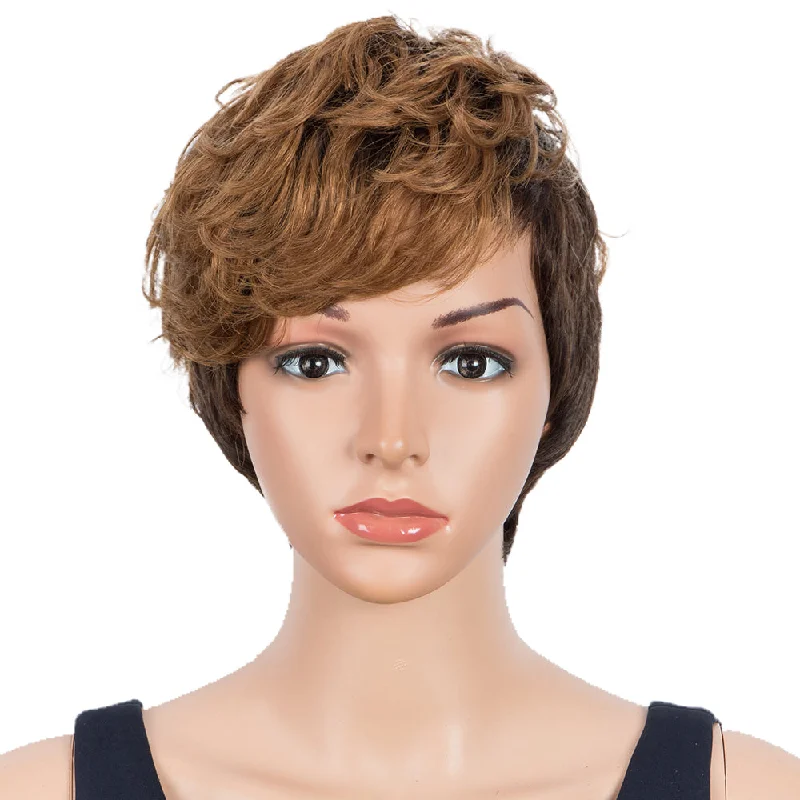 Colored wig with a middle - part for a classic and elegant styleRebecca Fashion Human Hair Wigs For Women Pixie Cut Wigs 9 Inch Curly Wig Brown Color