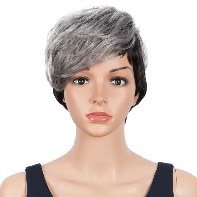 Colored wig with a wavy texture for a beachy and fun lookRebecca Fashion Human Hair Wigs For Women Pixie Cut Wigs 9 Inch Curly Wig Grey Color