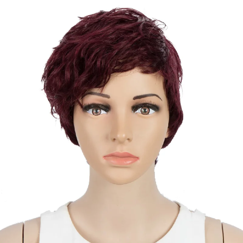 Colored wig with a side - part for a more flattering appearanceRebecca Fashion Human Hair Wigs For Women Pixie Cut Wigs 9 Inch Curly Wig Red Color