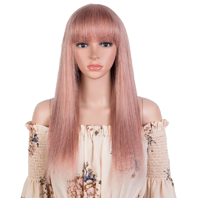 Colored wig with a red - orange hue for a warm and energetic lookRebecca Fashion Human Hair Wigs With Bangs For Women Pink Color Non-lace Wig