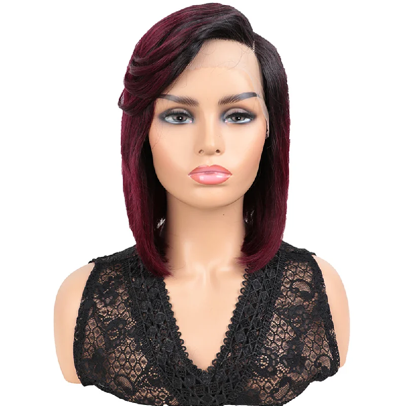 Colored wig with a red - orange hue for a warm and energetic lookRebecca Fashion Human Hair Wigs with High Side Bangs 4.5 inch Lace Side Part Wig for Women Ombre Wine Red Color Wigs