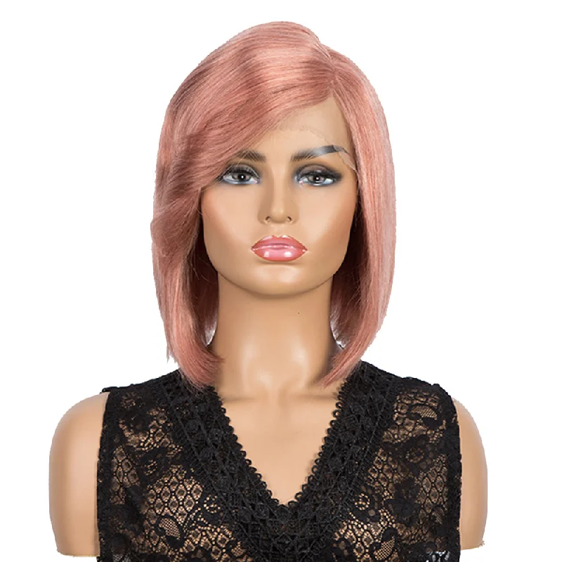 Colored wig with a silver - grey color for a trendy and cool - toned lookRebecca Fashion Human Hair Wigs with High Side Bangs 4.5 inch Lace Side Part Wig for Women Pink Wigs