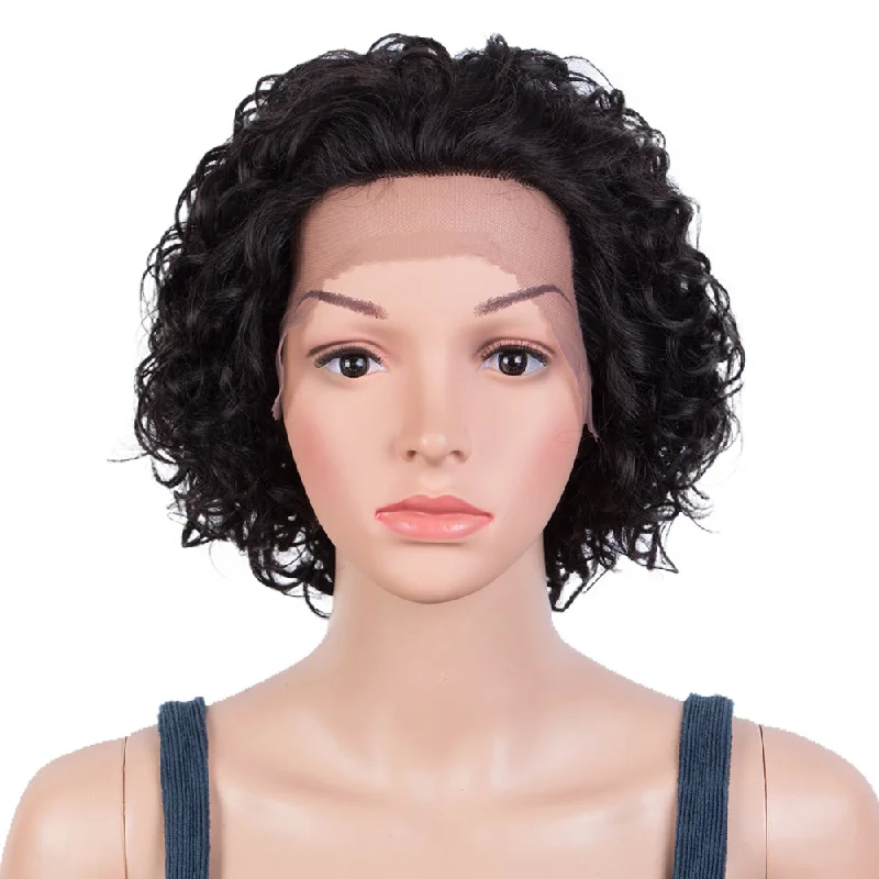 Colored wig with a silver - grey color for a trendy and cool - toned lookRebecca Fashion Remy Human Hair Wigs 13x2 Lace Frontal Wigs Short Curly Hair Wig 150% Density Natural Black Color