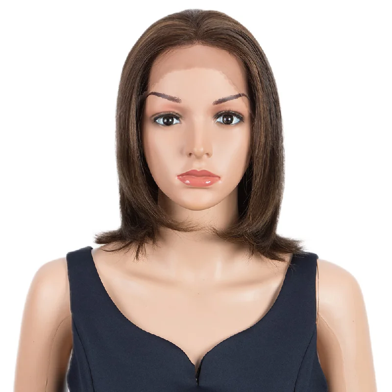 Colored wig with a side - part for a more flattering appearanceRebecca Fashion Remy Human Hair Wigs 13x2 Lace Frontal Wigs Straight Hair Bob Wig 150% Density Natural Brown Color