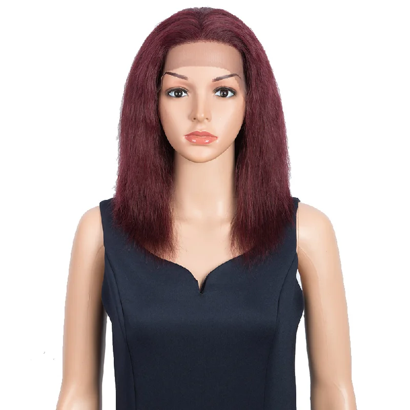 Colored wig with a wispy fringe for a soft and feminine lookRebecca Fashion Remy Human Hair Wigs 13x2 Lace Frontal Wigs Straight Hair Wig 150% Density Burgundy Red Color