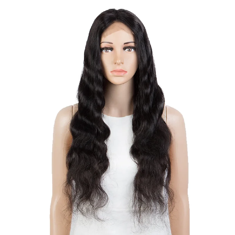 Colored wig with a wavy texture for a beachy and fun lookRebecca Fashion Remy Human Hair Wigs 4x4 Lace Frontal Wigs Body Wave Hair Wig 150% Density Natural Color