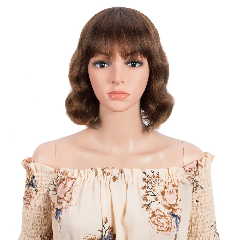 Colored wig with a natural - looking root for a more realistic lookRebecca Fashion Short Body Wavy Human Hair Wigs With Bangs for Black Women Wavy Bob Wig Medium Brown Color