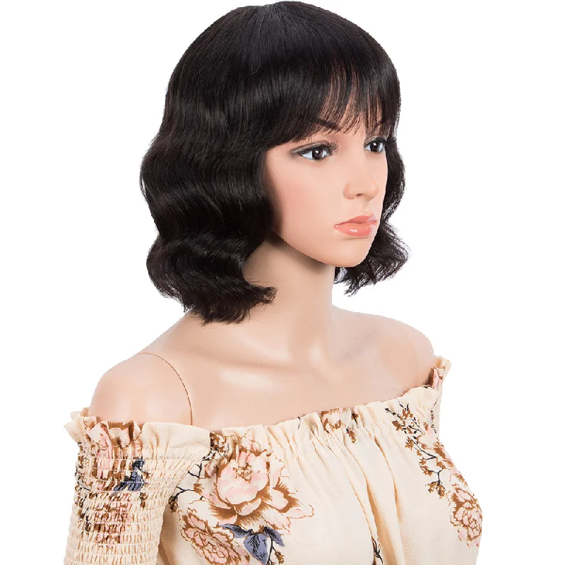 Colored wig with a pre - bleached knot for a natural - looking scalpRebecca Fashion Short Body Wavy Human Hair Wigs With Bangs for Black Women Wavy Bob Wig Natural Color