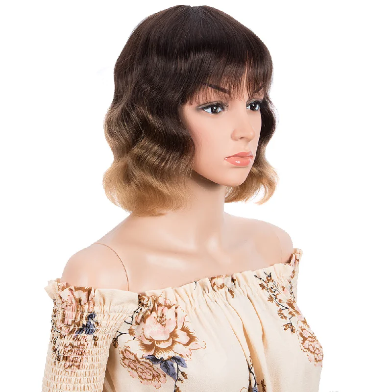 Colored wig with a silk - base cap for a comfortable and smooth feelRebecca Fashion Short Body Wavy Human Hair Wigs With Bangs for Black Women Wavy Bob Wig Ombre Brown Blonde Color