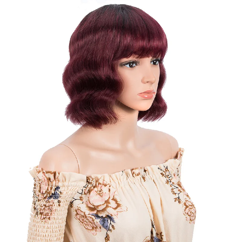 Colored wig with a side - swept bang for a sophisticated lookRebecca Fashion Short Body Wavy Human Hair Wigs With Bangs for Black Women Wavy Bob Wig Ombre Burgundy Red Color