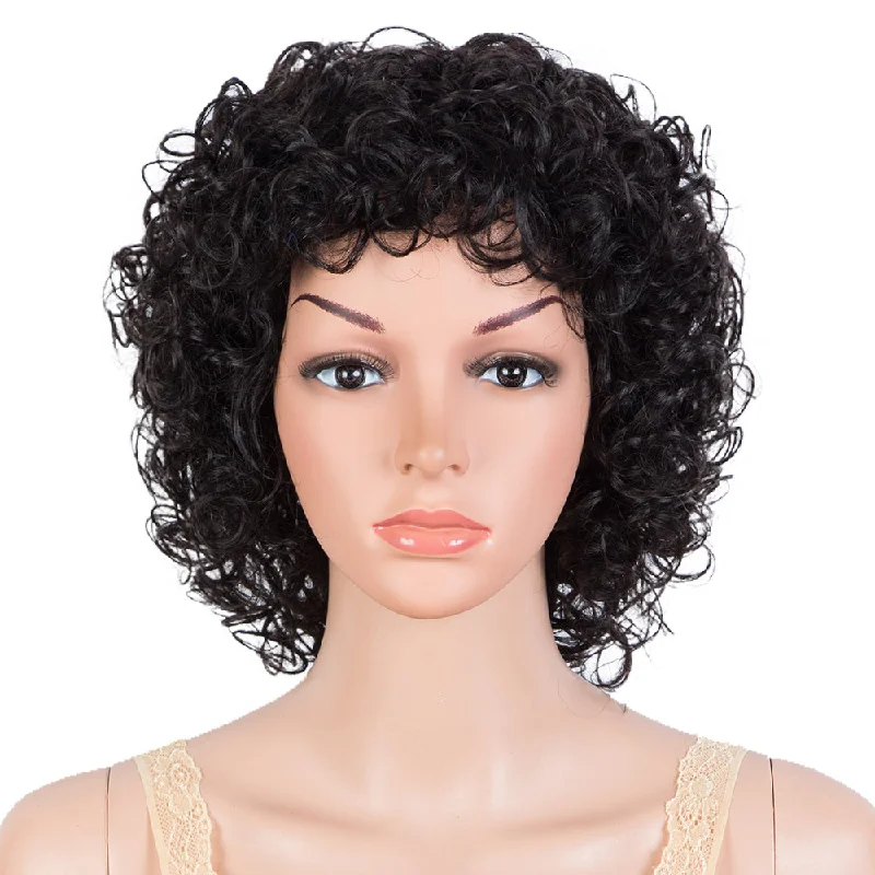 Colored wig with a blue - green ombre effect for a unique and trendy appearanceRebecca Fashion Short Bouncy Curly  Wigs For Women Cute Human Hair Bob Wigs Black Colors