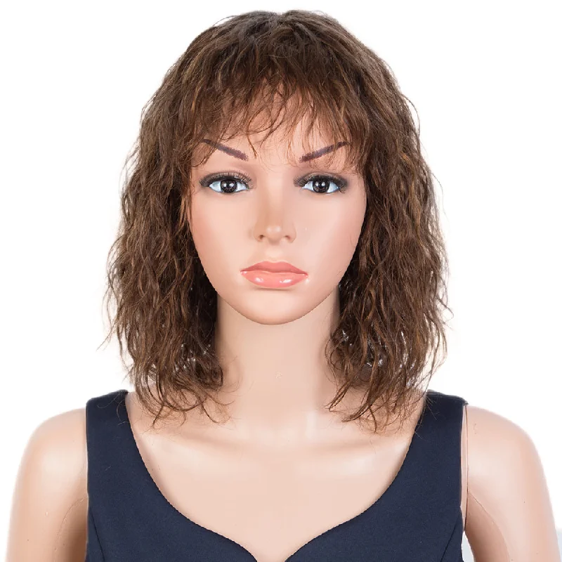 Colored wig with a pre - bleached knot for a natural - looking scalpRebecca Fashion Short Curly Wavy Human Hair Bob Wigs with Bangs for Black Women 100% Human Hair Wigs with Bangs Ombre Brown Color