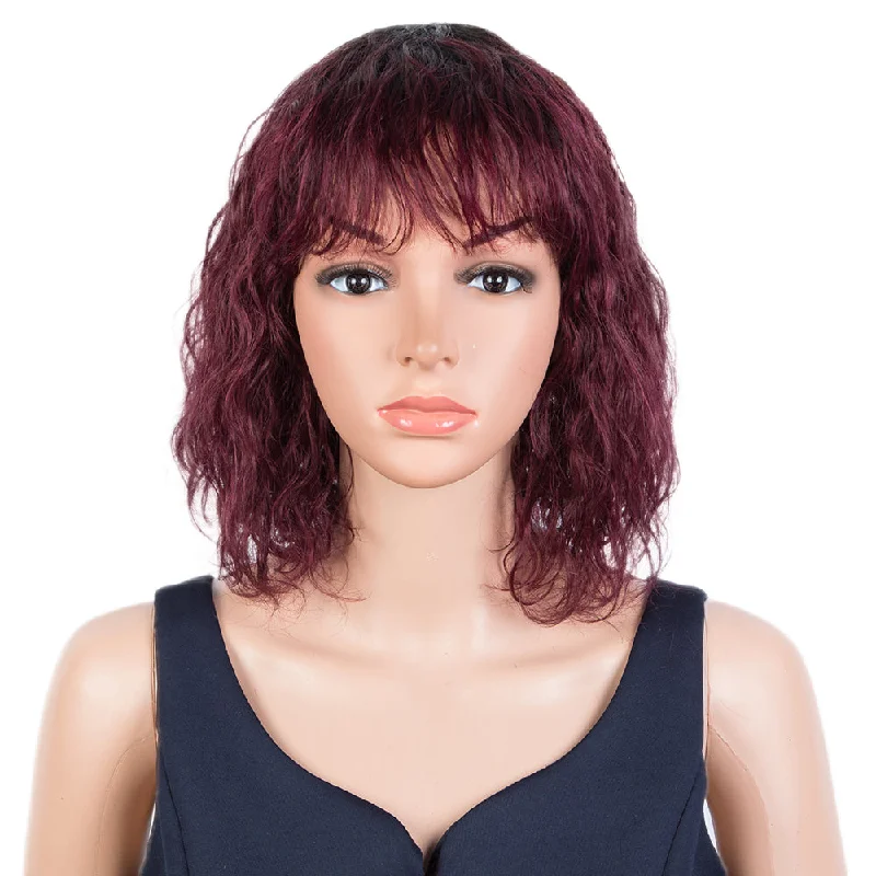 Colored wig with a silk - base cap for a comfortable and smooth feelRebecca Fashion Short Curly Wavy Human Hair Bob Wigs with Bangs for Black Women 100% Human Hair Wigs with Bangs Ombre Burgundy Red Color