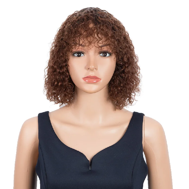 Colored wig with a side - part for a more flattering appearanceRebecca Fashion Short Curly Wigs with Bangs Kinky Curly Wigs for Black Women 14 Inch Remy Ombre Brown Wig