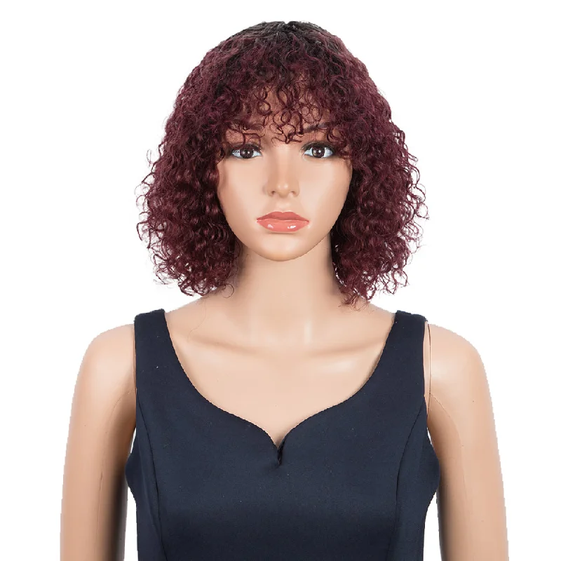 Colored wig with a middle - part for a classic and elegant styleRebecca Fashion Short Curly Wigs with Bangs Kinky Curly Wigs for Black Women 14 Inch Remy Ombre Wine Red Wig